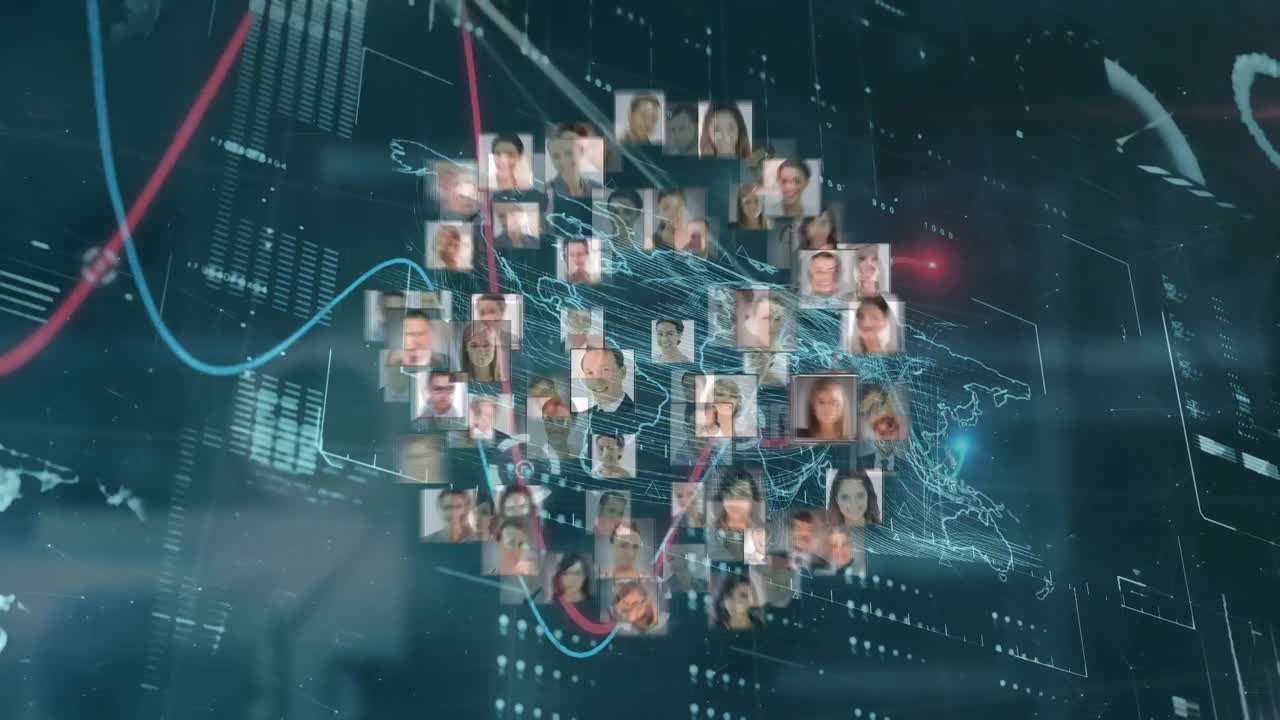 Animation of diverse people icons over data processing