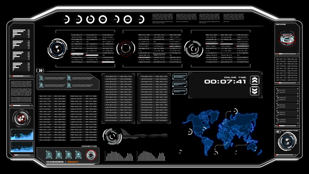 4k 애니메이션 ui 데이터 hud pi 바 텍스트 박스 테이블 및 요소 어두운 추상적인 배경에 미래 기술 개념