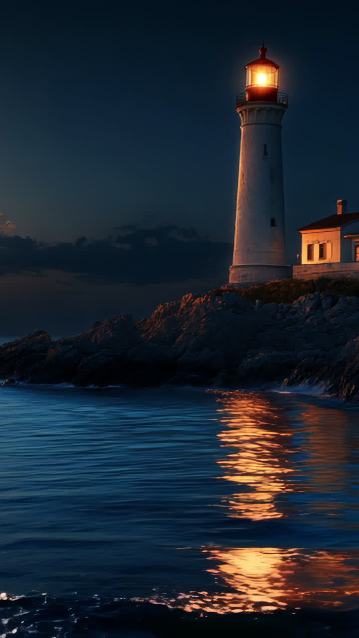 A lighthouse is on a rocky shoreline with a large moon in the sky. The moon is reflecting on the water, creating a serene and peaceful atmosphere