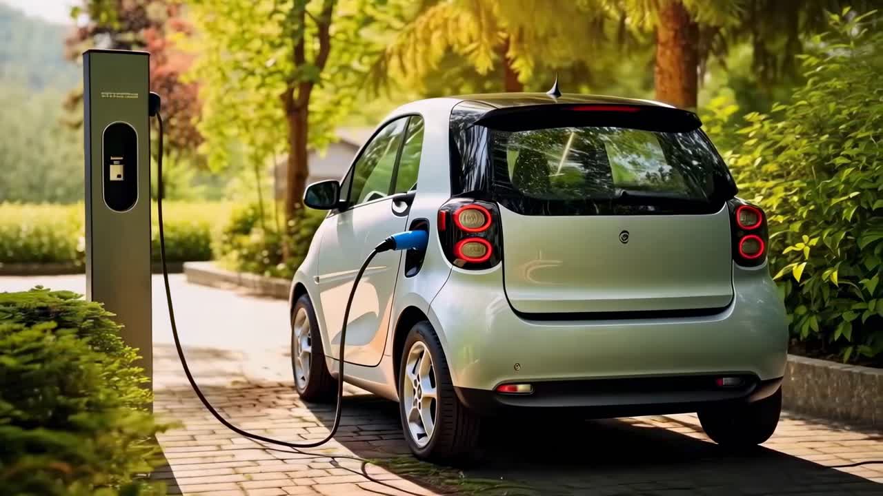 A low-angle video shot of an electric car charging in a lush, green park, highlighting eco-friendly