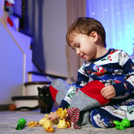 small cute kid plays with christmas stocking near the christmas tree. happy baby gets candies and black cat watches him.
