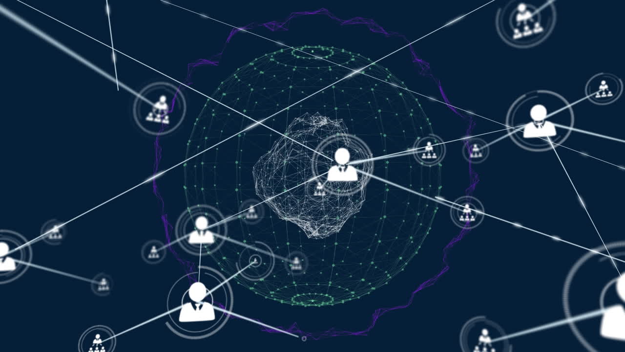 Animation of profile icons connected with lines over abstract pattern in dots forming globe
