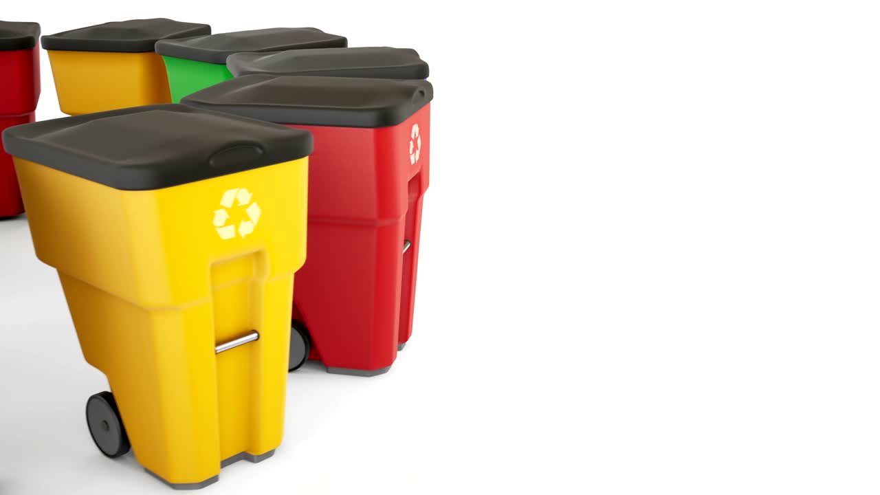 A lot of color plastic garbage bins with recycling logo.