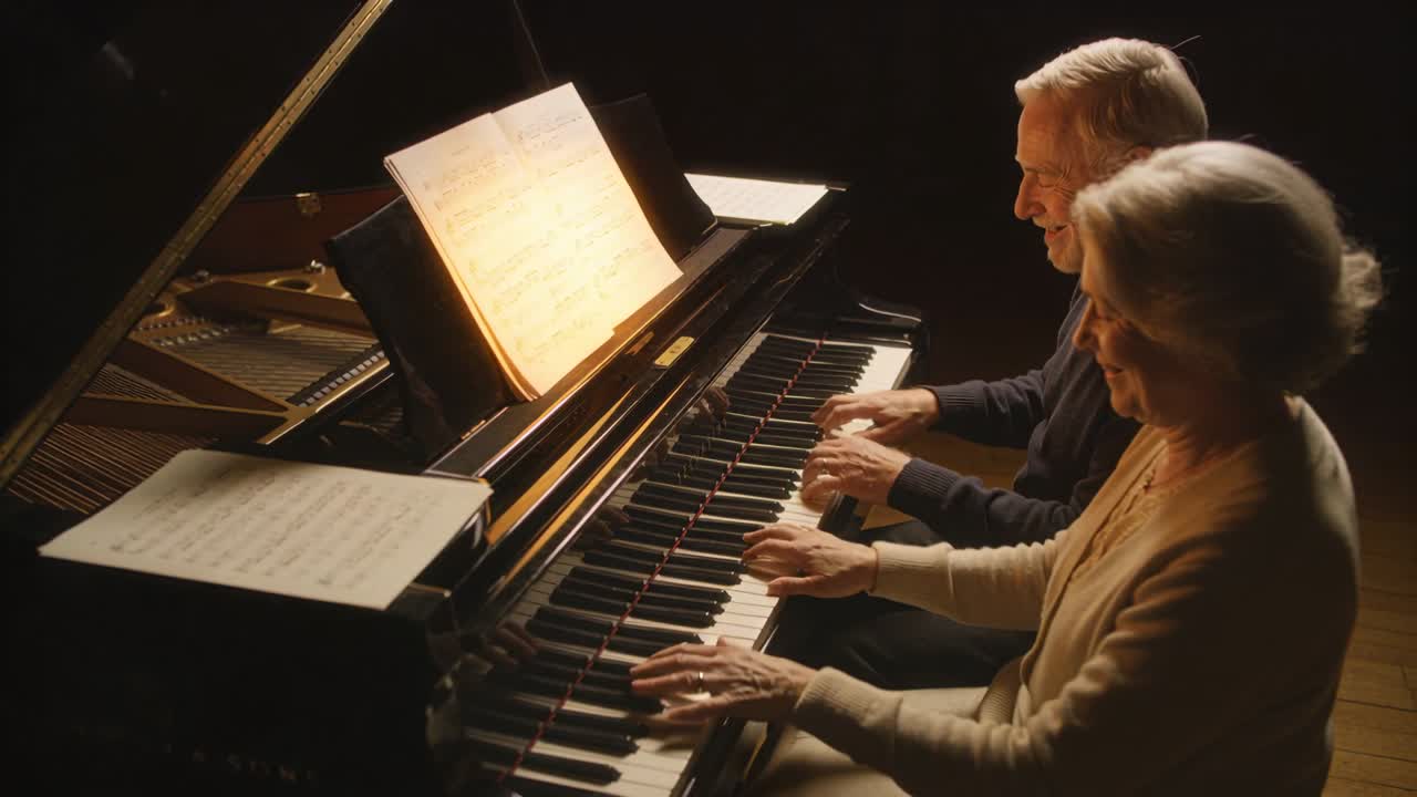 Duo musicale maschile e femminile anziano che consulta spartiti illuminati, con le mani sincronizzate, mentre suonano un duetto al pianoforte a coda.