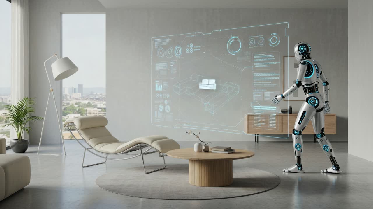 Futuristic Robot Interacting with Holographic Interface in Modern ...
