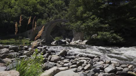 gushing waters of the arda river flowing right under the historical devil's bridge, situated in a forested area of rhodope mountains, in ardino, bulgaria