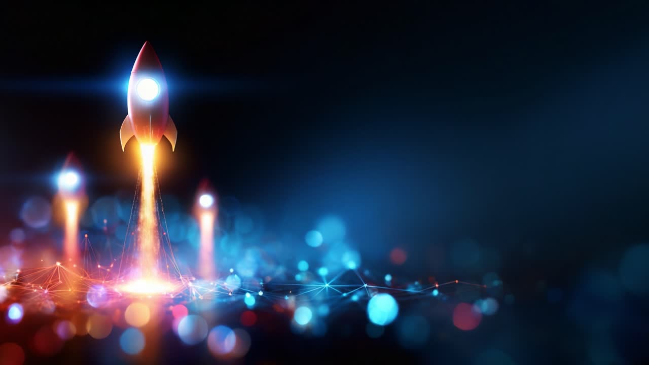 A stunning visual of a rocket launching into the cosmos, surrounded by dynamic lights and colors, symbolizing innovation, technology, and the future of space exploration