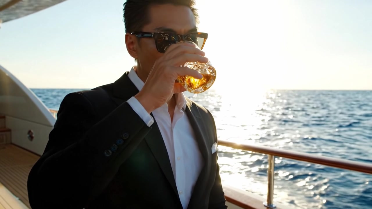 Un uomo elegante si gode un momento sereno al tramonto su uno yacht di lusso con vista sull'oceano, con un drink in mano