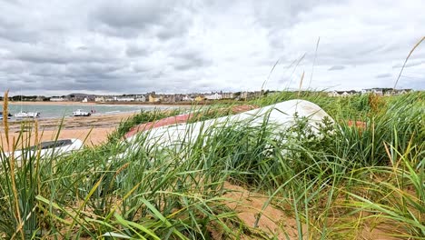 coastal town view with cloudy sky and grass