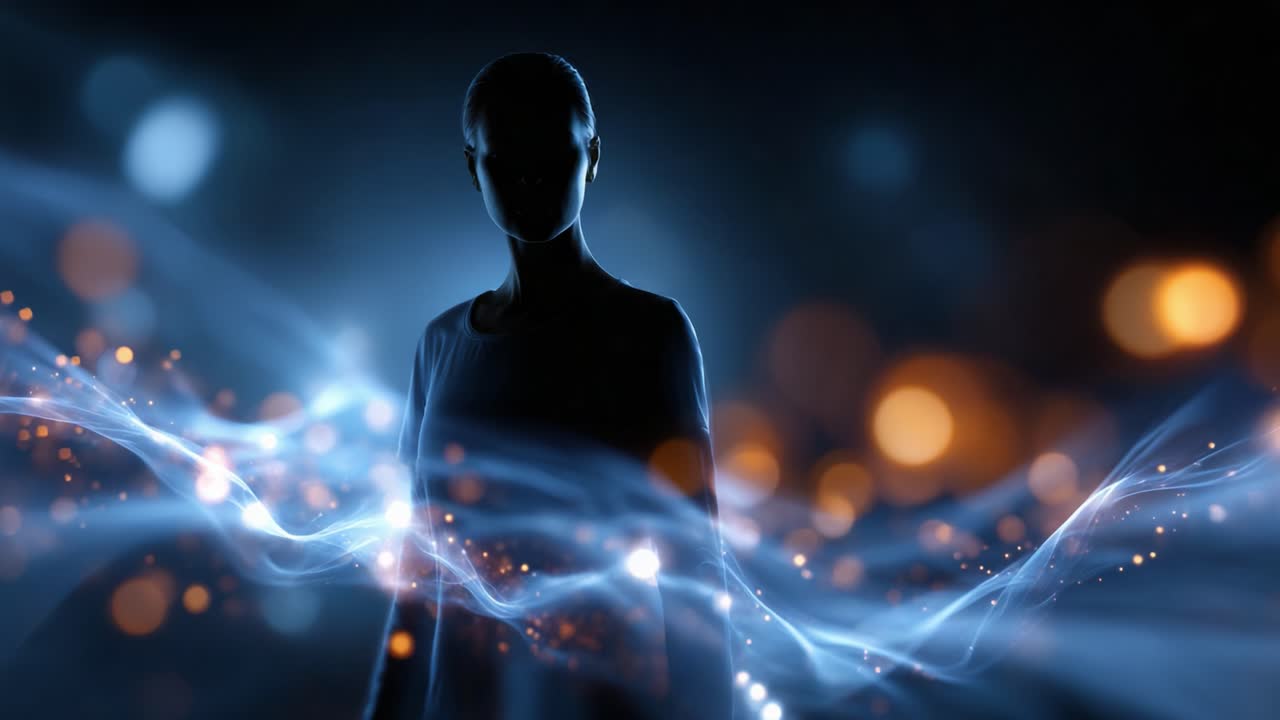Una silhouette misteriosa circondata da onde di luce eteree e particelle luminose, che evoca un'atmosfera di incanto e sogni digitali