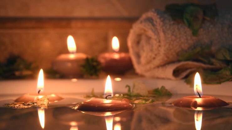 afslappende spa baggrund med stearinlys flyder i badet vand, nogle grønne kronblade og et håndklæde nær vandoverfladen