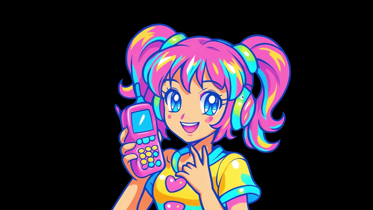 Ragazza anime animata che tiene un telefono cellulare retrò