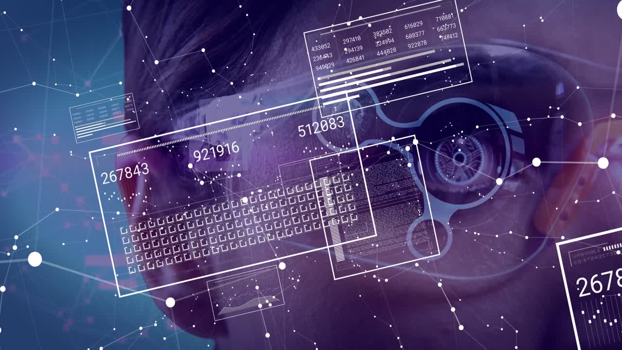 미래주의 안경을 입은 백인 여성의 클로즈업에 맞춰 네온 노란색 디지털 파동의 애니메이션