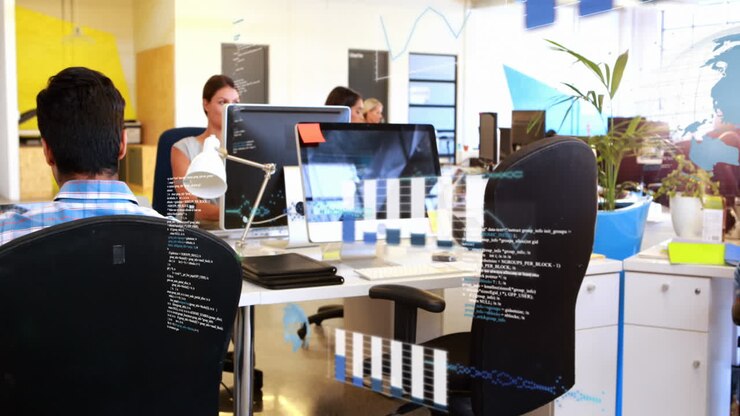Animation of financial data processing over diverse business people in office