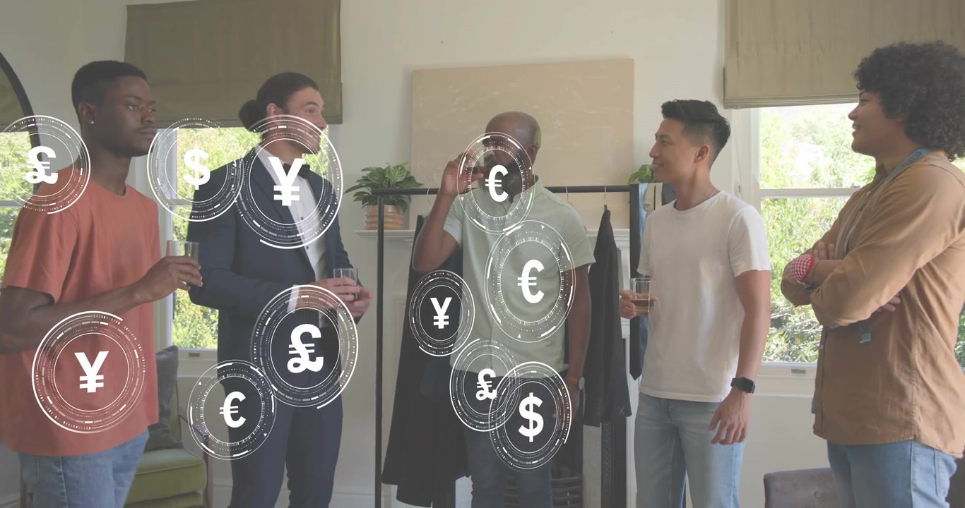 Group of five men greeting, presenting finance with floating currency icons and shaking hands