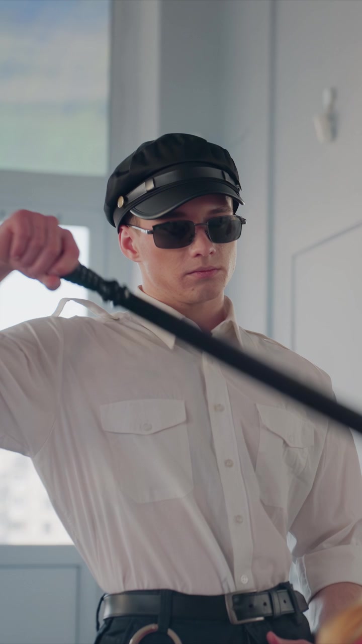 Young man in white shirt and black cap retrieves object from his belt extends it forward. Man then swings baton repeatedly indoors. Woman presence is indicated by her partial view