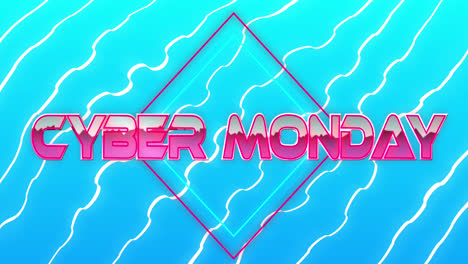 animation of cyber monday over square and blue background with waves