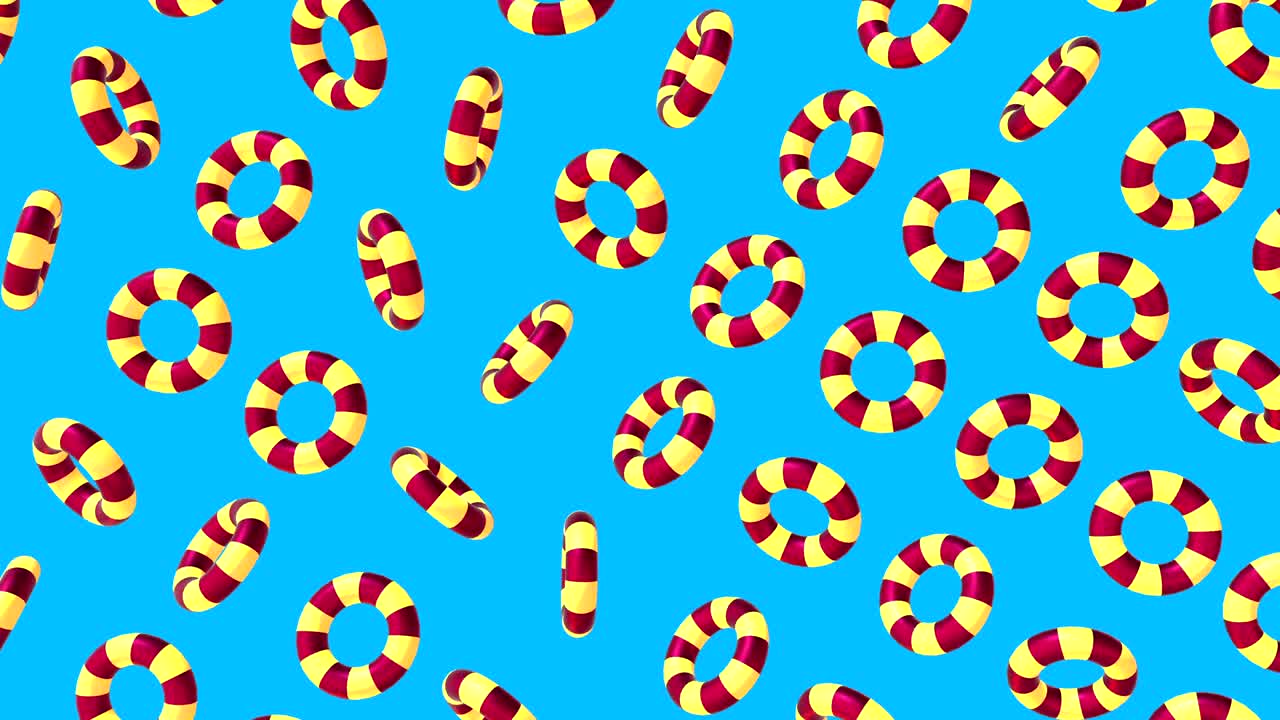 fondo abstractamente colorido con rosquillas geométricas simples voladoras o flotantes. animación 3d decorativa multicolor con bucle. brillante composición de movimiento moderno.