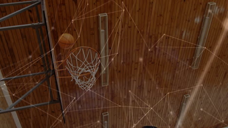 animation of networks of connections over group of diverse basketball players at gym