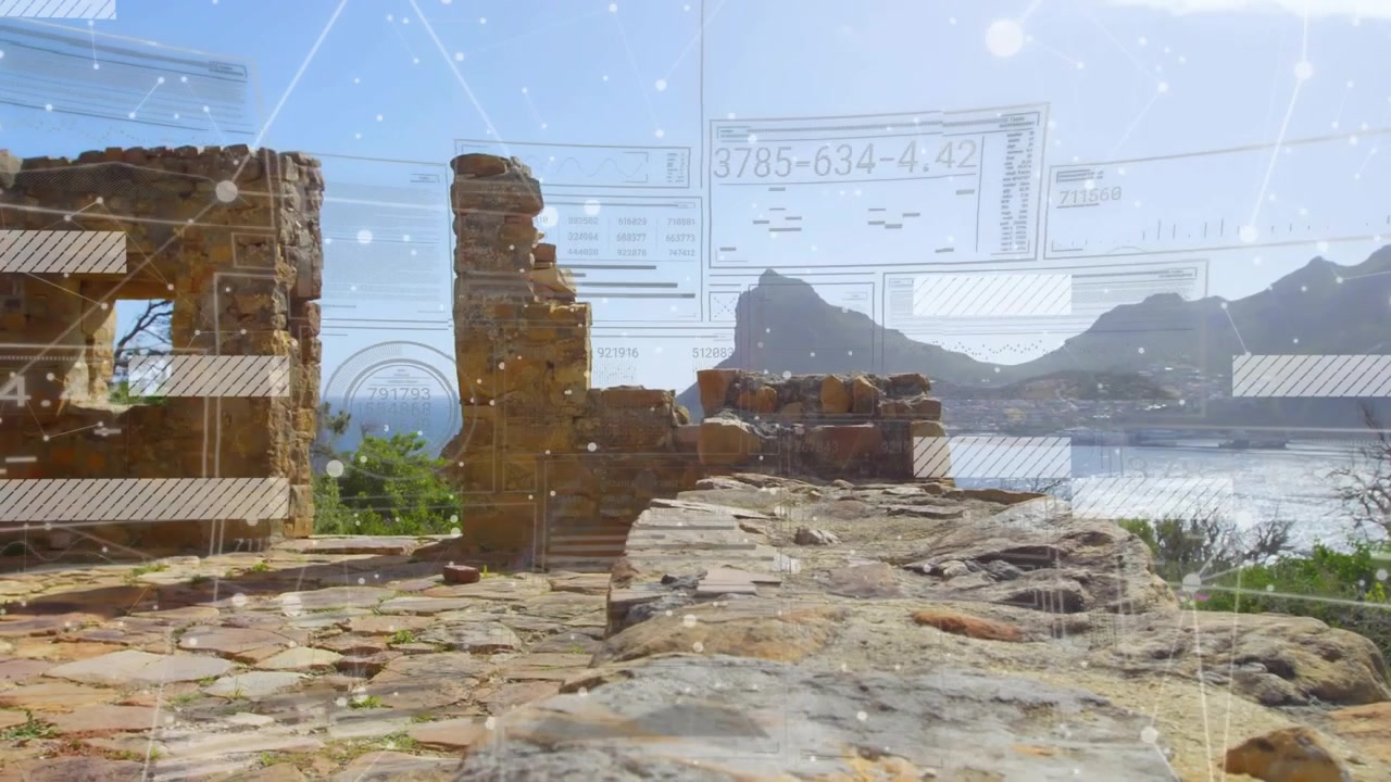 Sobreposição aparecendo, iniciando panorâmica lenta da câmera para a direita, blocos deslizantes revelando janela, mapeando ruínas.