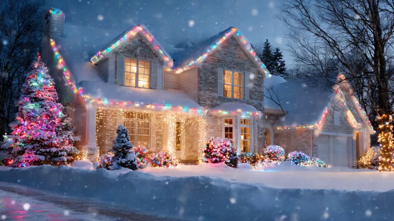 A Winter Wonderland: A Beautifully Decorated House Illuminated with Colorful Christmas Lights Surrounded by Snowy Landscapes and Festive Decorations