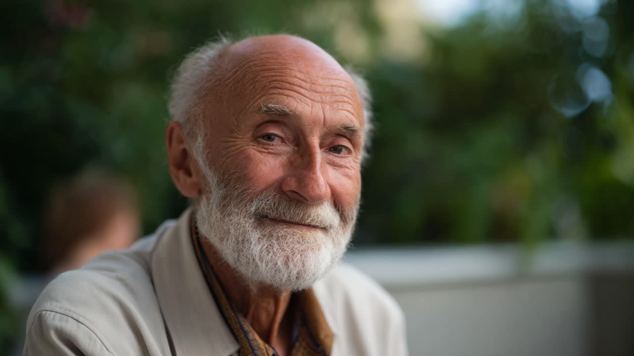 Encantador retrato de un hombre mayor con una sonrisa cálida, capturado en un entorno verde exuberante, que evoca una sensación de alegría y sabiduría en cada rasgo de su expresión