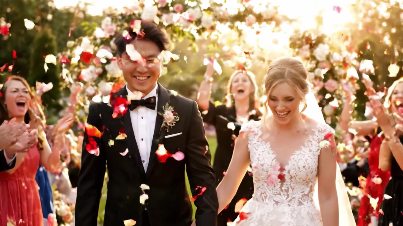 陽光が降り注ぐ美しい庭園で、愛を喜び祝う感動的な結婚式。誓いの瞬間と忘れられない幸福。