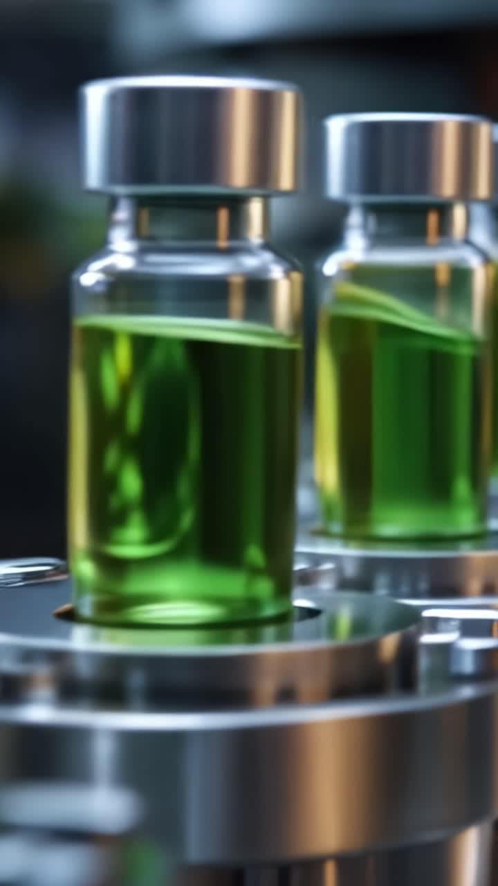 Close-up of a green liquid in a glass vial, showcasing the intricate details of the container and machinery, highlighting modern manufacturing processes