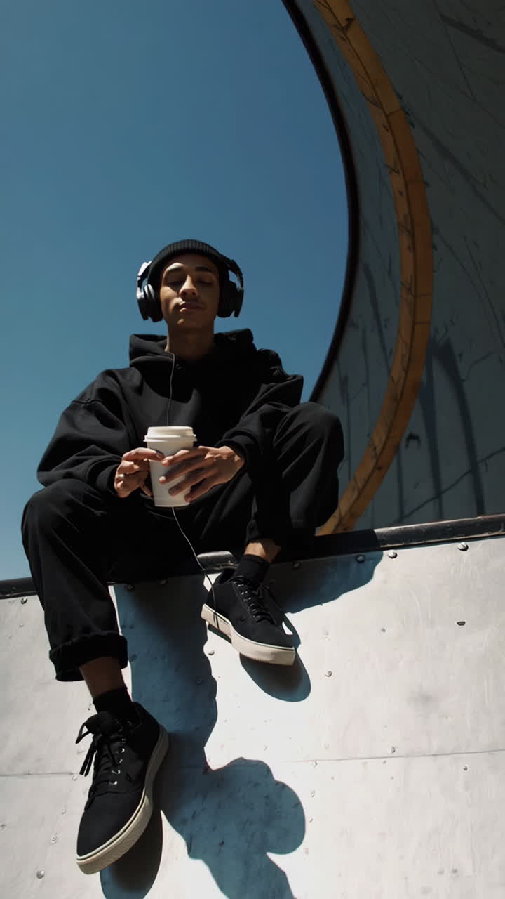 Young Man with Headphones and Coffee at a Skate Park