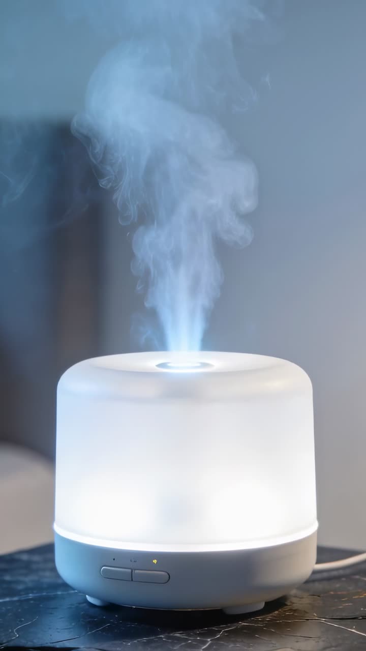 Vidéo verticale : Mise sous tension, un diffuseur émettant de la brume et diffusant un parfum sur une table sombre, la LED s'illuminant.