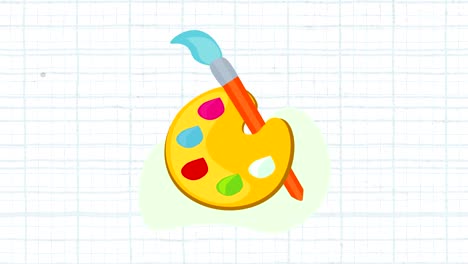 animación de una paleta de pintura y un pincel con cuadrados azules sobre un fondo blanco