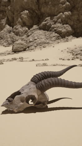 close-up of a horned animal skull in the desert