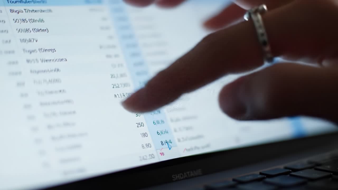 Analyzing Financial Data on a Digital Screen: A Close-Up View of a User Engaging with Market Trends and Statistical Graphs through Touch Interaction