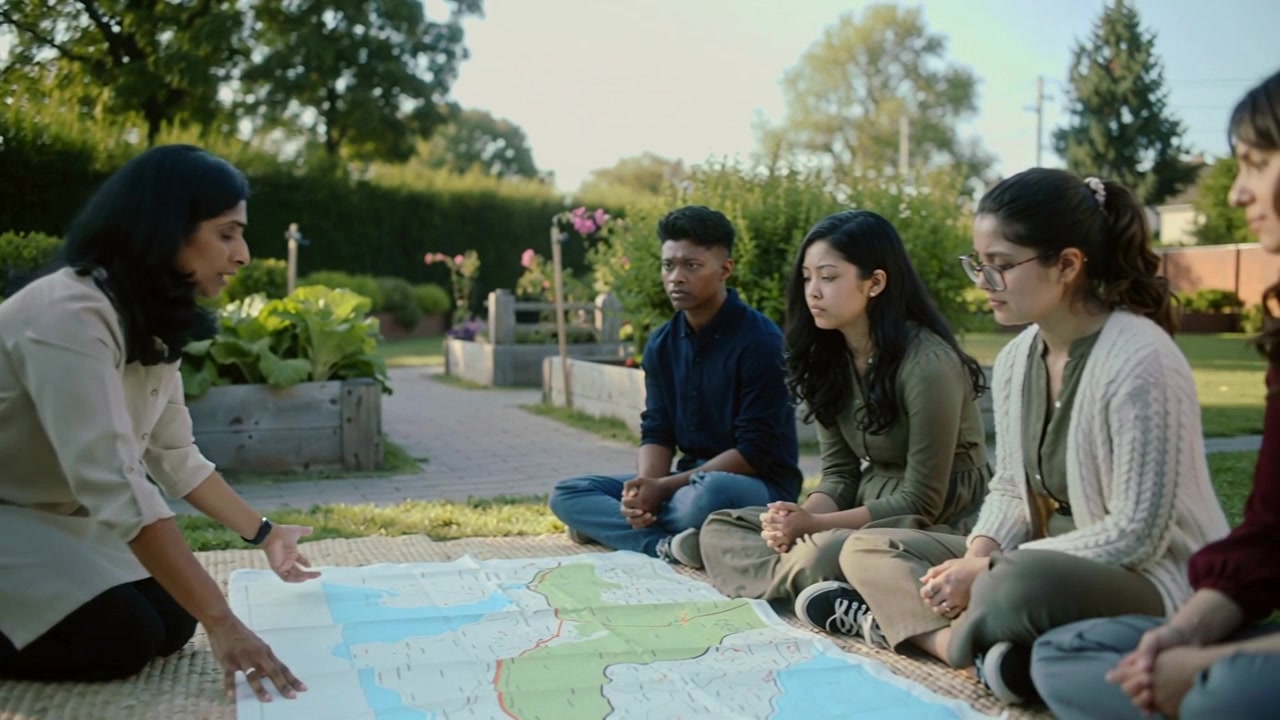 Spreading map, adult South Asian woman kneeling and pointing, explaining routes in suburban garden