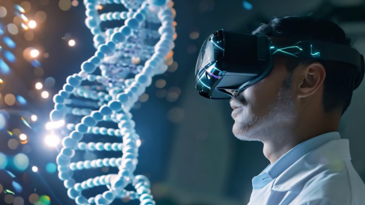 Scientist in VR Headset Interacting with Holographic DNA