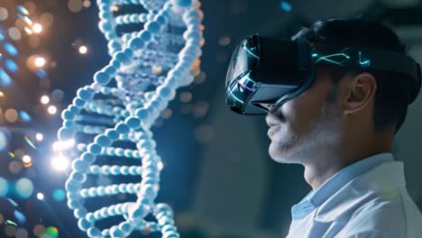 scientist in vr headset interacting with holographic dna