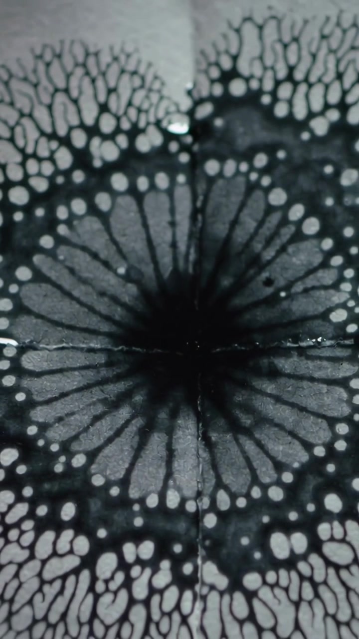 Video verticale: Pipetta che rilascia inchiostro nero, una macchia che si espande su carta piegata mostrando l'assorbimento.