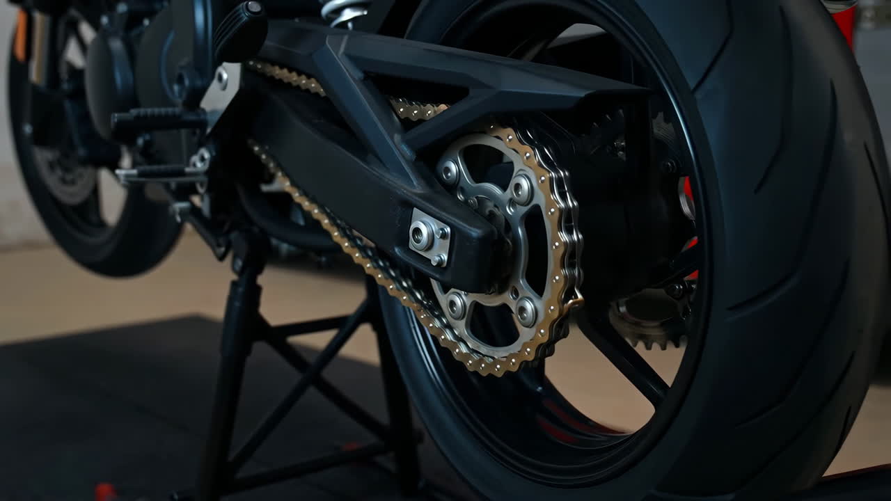 Motorcycle Rear Wheel, Chain, and Sprocket Detail