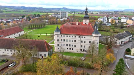 hartheim castle in alkoven, upper austria - aerial drone shot