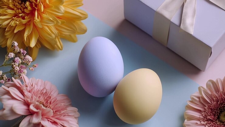 Pastel Easter Eggs with Spring Flowers and Gift Box Flat Lay