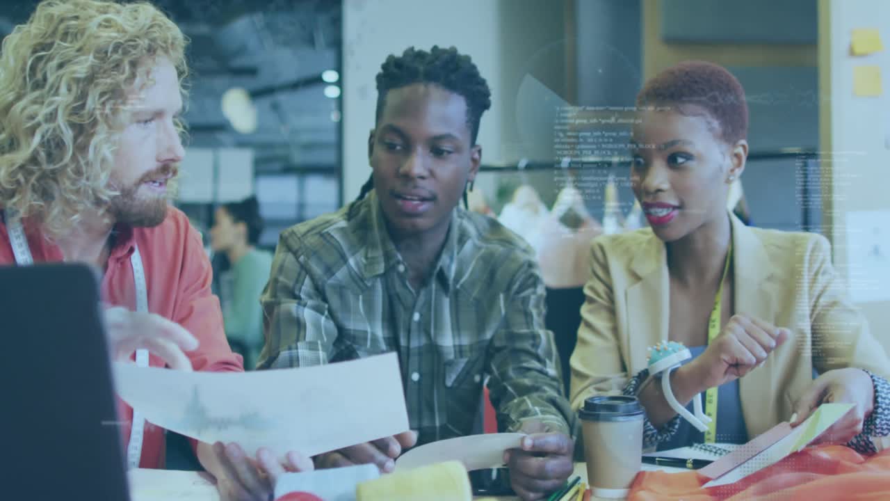 Animation of data processing over business people working in office