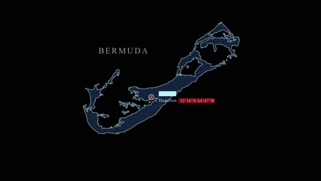 stylized bermuda map with hamilton capital city and geographic coordinates on black background