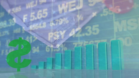 animación del procesamiento de datos financieros sobre billetes y fichas de dólares