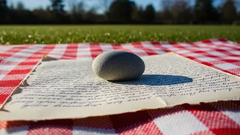 a tranquil composition featuring a smooth stone resting on vintage script, set against a verdant backdrop and a classic red-and-white checkered cloth
