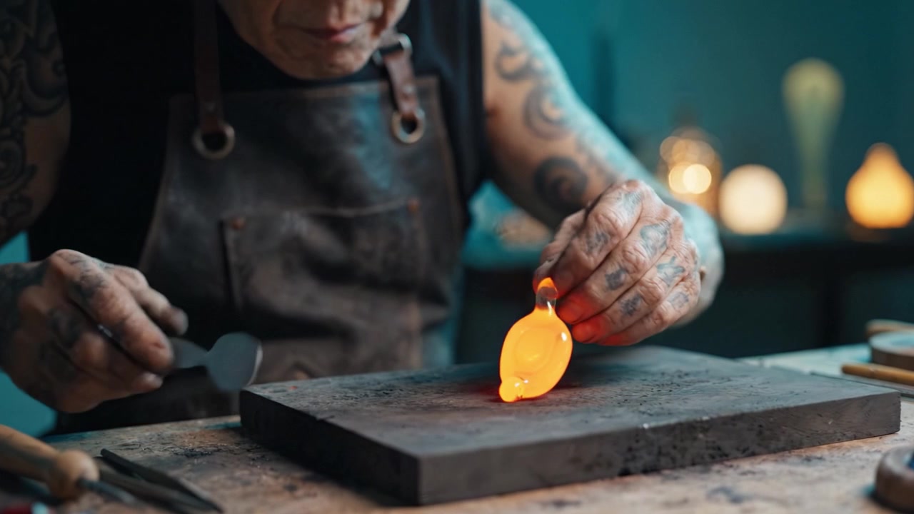 Maestria artigianale: padronanza delle tecniche di modellatura del vetro attraverso mani esperte e dettagli intricati in un laboratorio pieno di attrezzi e luce ambientale calda.