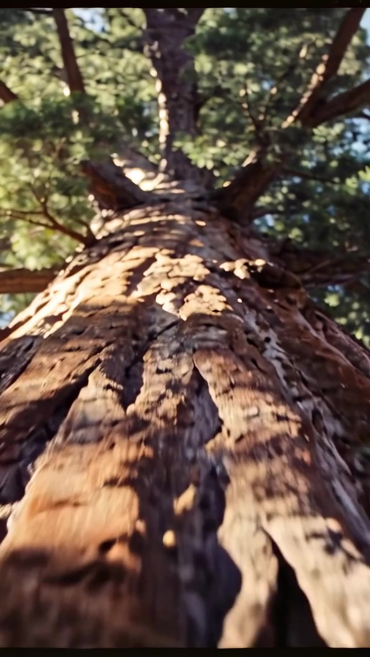 Video verticale: Telecamera panoramica che mostra un tronco di pino che si innalza nella chioma illuminata dal sole della foresta, con muschio e aghi.