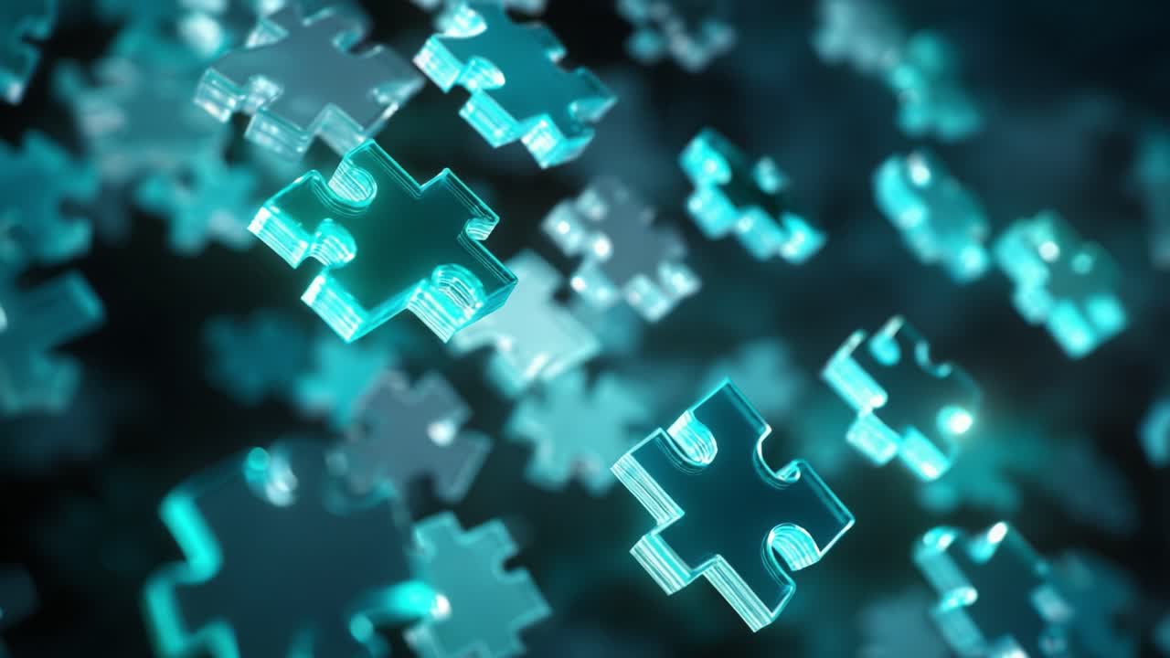 Abstract background showing numerous translucent jigsaw puzzle pieces floating and rotating against a dark, ethereal backdrop, conveying concepts of connection, problem solving, and strategy