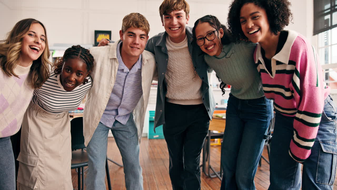 Group of Diverse Students Smiling Together in Classroom