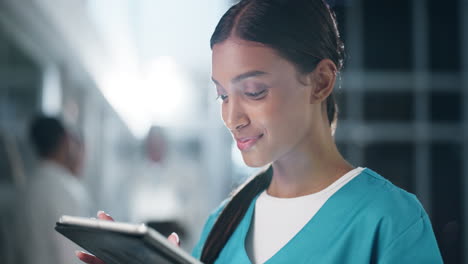 nurse, tablet or woman in night hospital