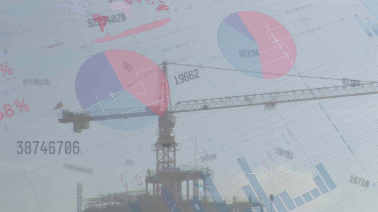 composición digital del procesamiento de datos financieros frente al sitio de construcción en segundo plano
